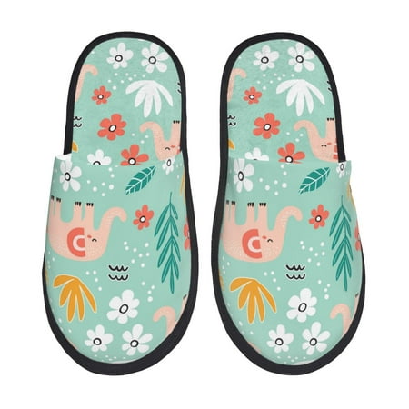 Balery Elephant and Flowers Slient Indoor Furry Fleece Comfort House Shoes Soft Non-Slip Home Shoes Cotton slippers House Slippers-- Medium