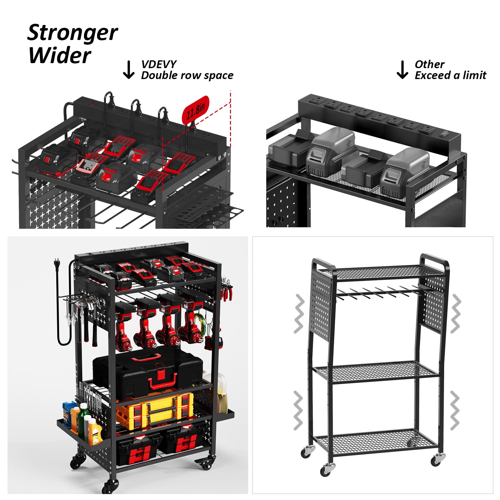 VDEVY Power Tool Organizer Cart with 8 Charger Ports & Adjustable Storage, Garage Workshop Utility Cart for Mechanic, Birthday Gift Ideas for Men