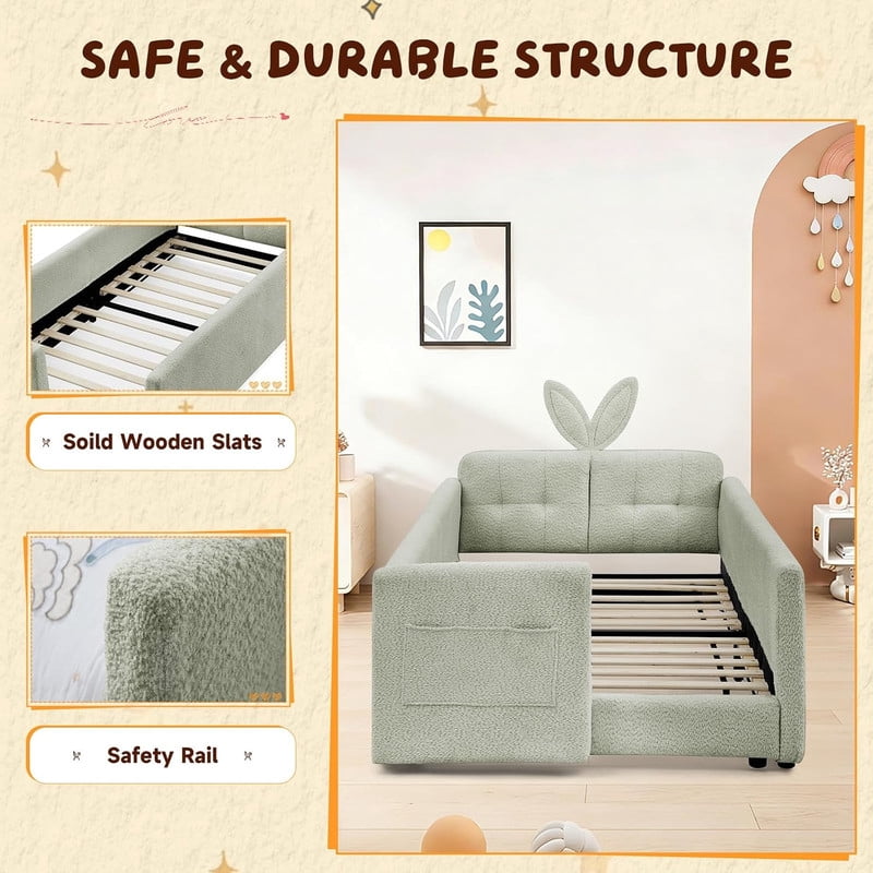 Twin Size Upholstered Platform Bed with Rabbit Ear Headboard, Kids Floor Bed with Storage Pocket & Safety Guardrail, No Box Spring Required