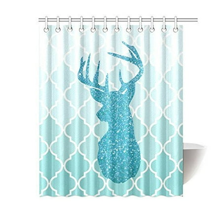 Teal Green Decor GreenDecor Glitter Deer Head In Teal Moroccan Tile Quatrefoil Waterproof Shower Curtain Set with Hooks Bathroom Accessories Size 60x72 inches ()