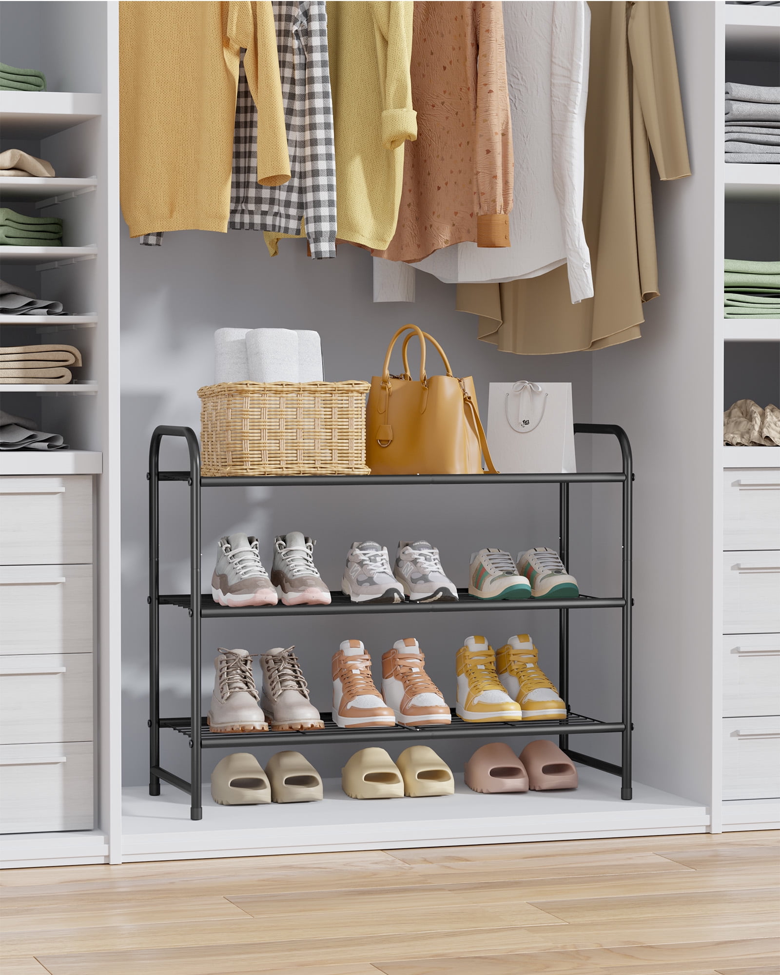 Kitsure Shoe Rack - Stainless Steel Shoe Organizer, Sturdy Shoe Rack for Closet and Front Door Entrance, Free Standing Shoe Shelf, Closet Organizers and Storage, 25.6" Wide - 3 Tier, Black
