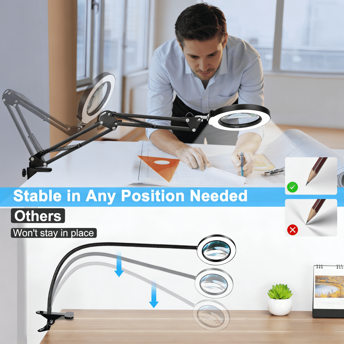 Magnifying Glass Lamp with Light and Stand, 5Color Modes & 5 Brightness Levels, Adjustable Swivel Arm for Close Work, Reading, Crafts, Repairing