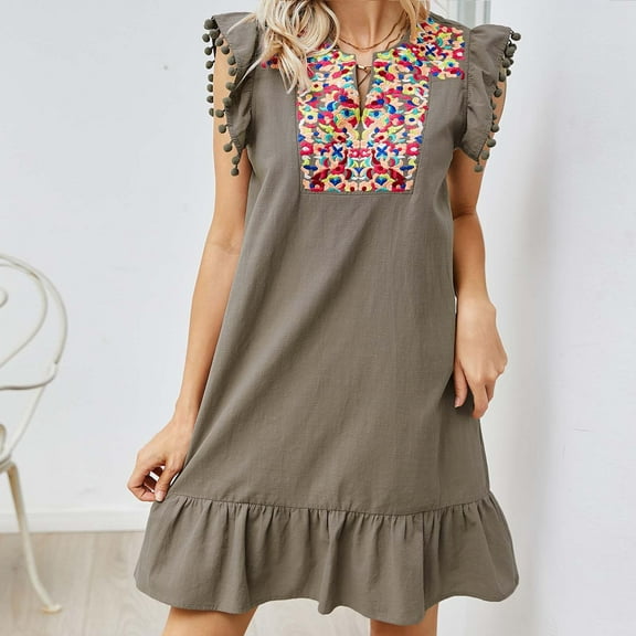 Njagoc3 Womens Short Sleeve Embroidered Dress, Ruffle Hem, Summer Casual & Festival Wear, Boho Fit