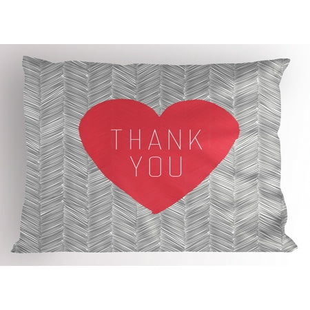Heart Center Of The Oranges Thank You Pillow Sham, Centered Big Heart Text Inside Short Stripes Love Theme Hatched Style, Decorative Standard Queen Size Printed Pillowcase, 30