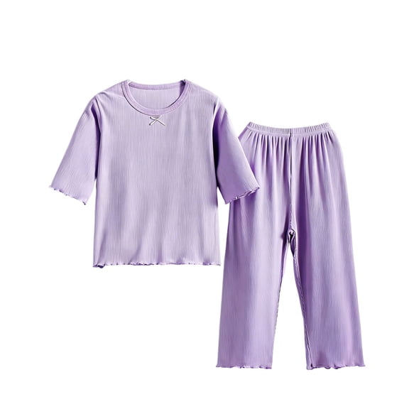 QNANSPI Girls Clothes, 2 Piece Outfits Fashion, Big Girls 0-13 Years Spring Summer Solid Color Ice Silk Crew Neck Short Sleeve T Shirt and Elastic Waist Long Pants Set