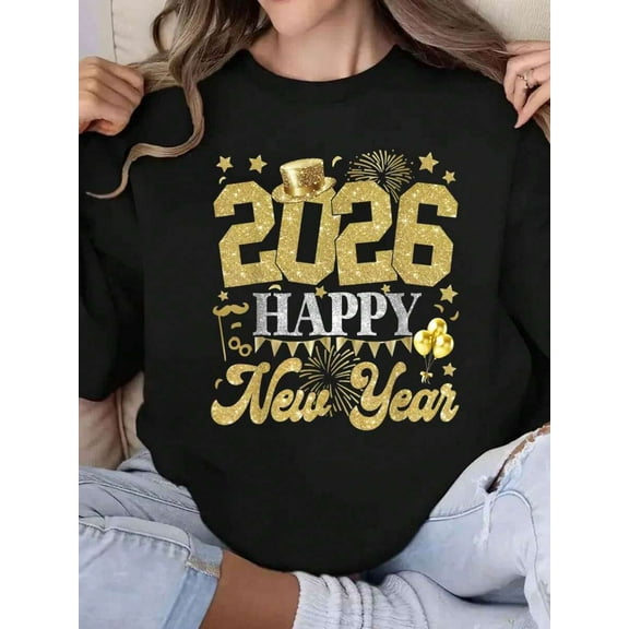Women's Round Neck Sweatshirt 2026 Happy New Year Glitter Print Party Celebration Gift For Women Christmas Holiday Seasonal Outfit