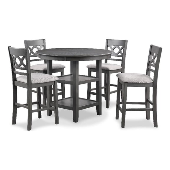 Benjara Ceri 5pc Round Counter Dining Table & Chair Set- Gray Wood- White Fabric