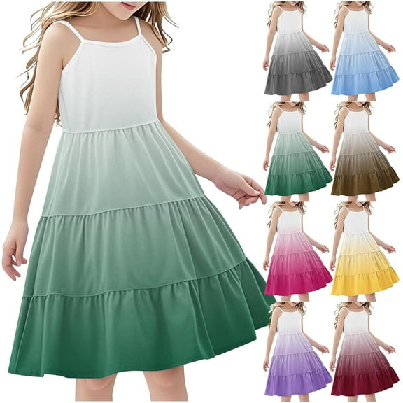 Ashirexll Teen Summer Dresses, Girls Summer Dress, 4-14Y Girl's Summer Boho Style Gradient Color Casual Sleeveless Tiered Slip Dresses