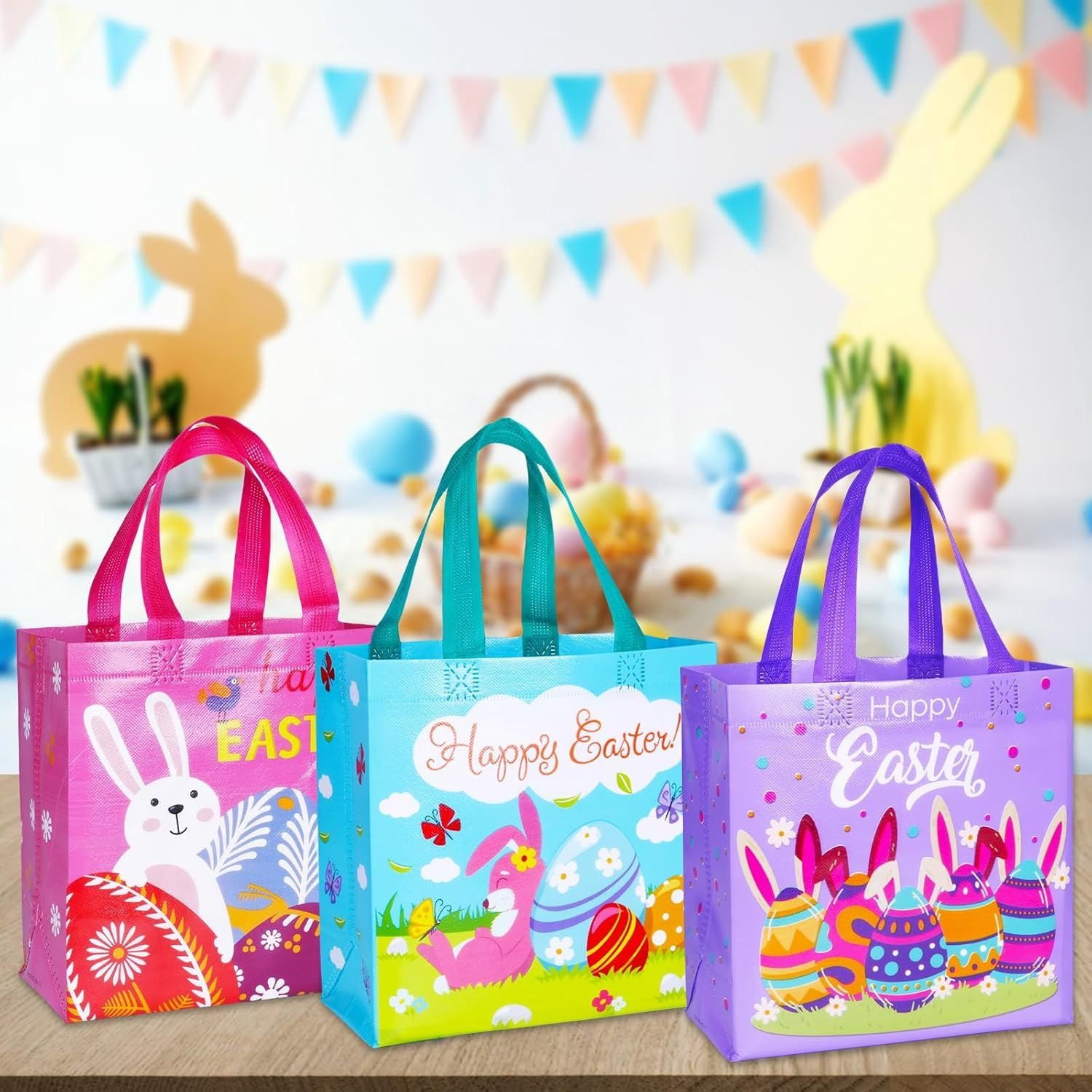 Happy Easter Gift Bags with Handles, Bunny Carrot Chick Designs, Reusable Non-Woven Treat Bags for Party Favors, Gift Wrapping, Easter Basket Container, 9.1x8.7x4.5 inch, 6-Pack