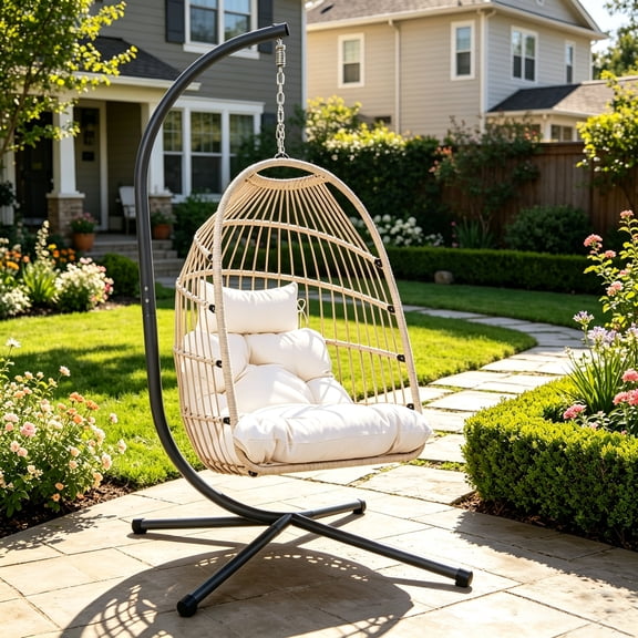 WRXELAN Outdoor Hanging Egg Chair with Stand, Indoor Wicker Egg-Shaped Swing Chair with Cushion, 350lbs Capacity Comfortable Patio Hammock Chairs for Porch, Lawn, and Bedroom, (White)