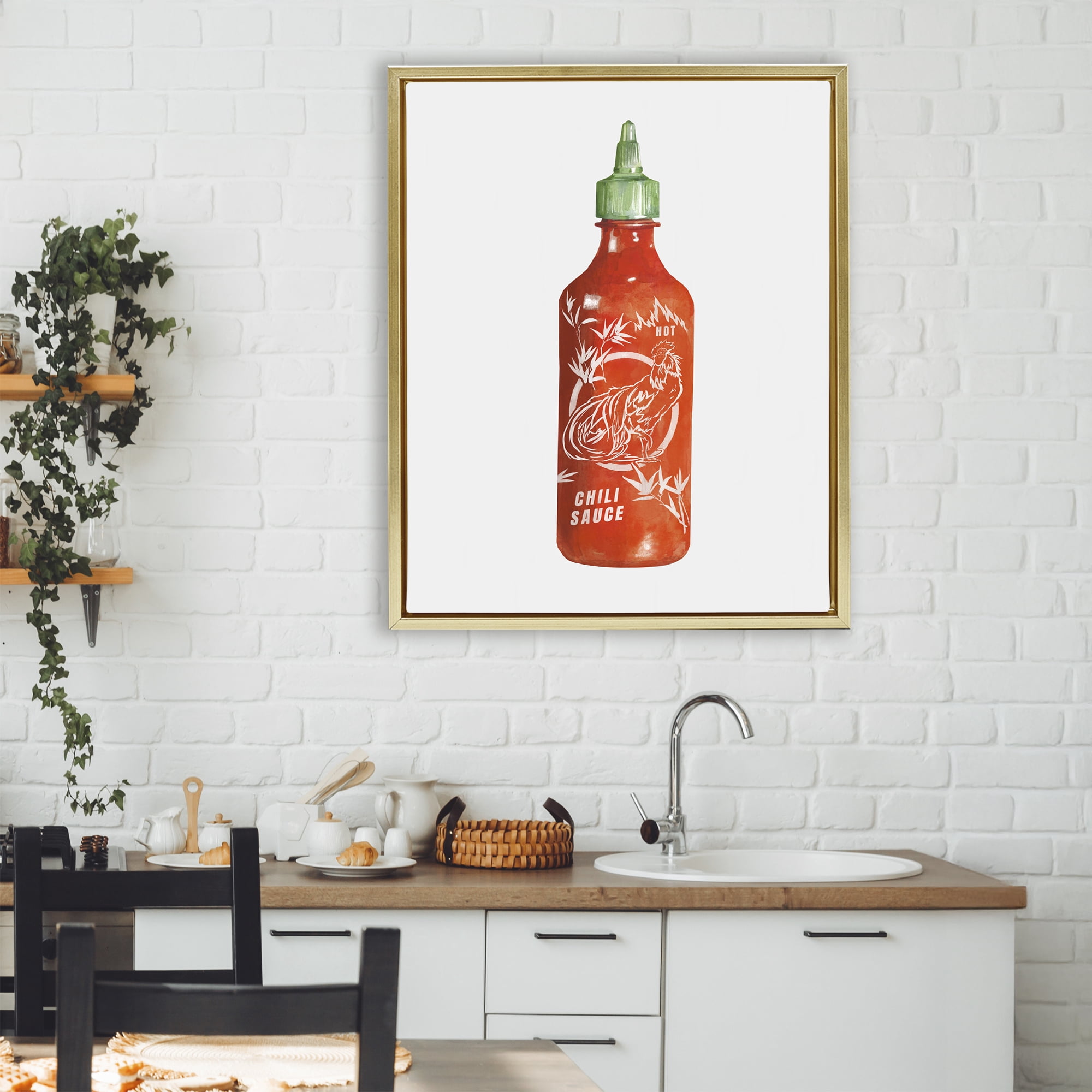 Stupell Industries Iconic Hot Sauce Bottle Gold Framed Floater Canvas Wall Art, design by Rylen McNett