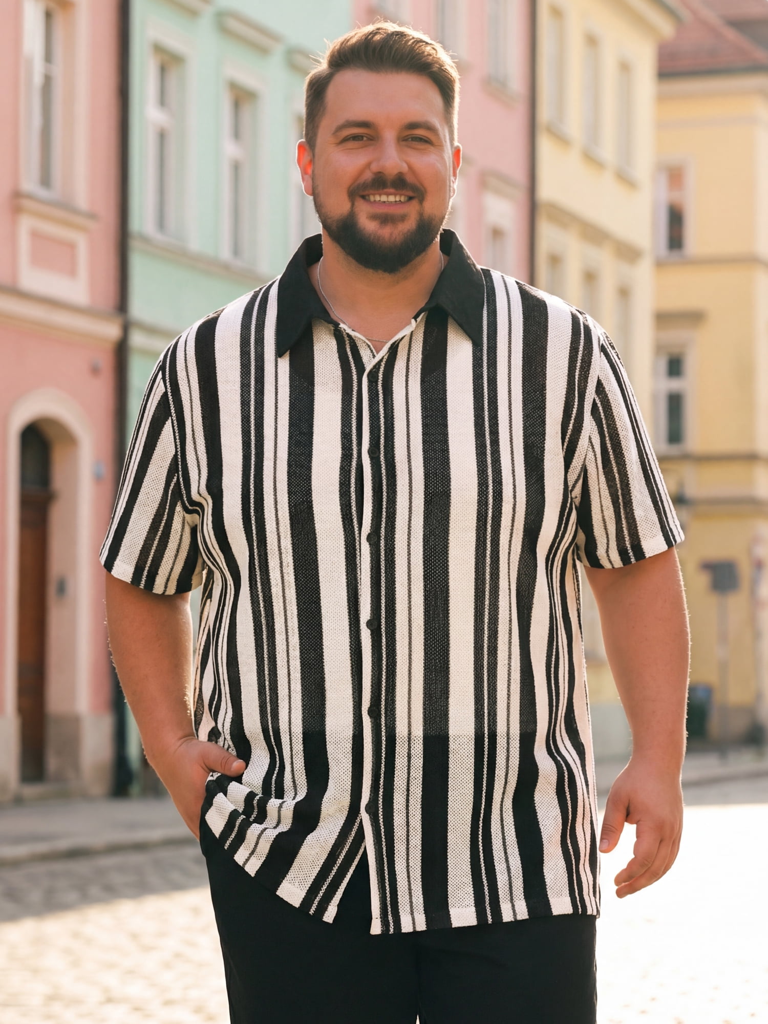 DARING DIVA Men's Big Tall Colorblock Striped Short Sleeve Button-Down Shirt XL Black