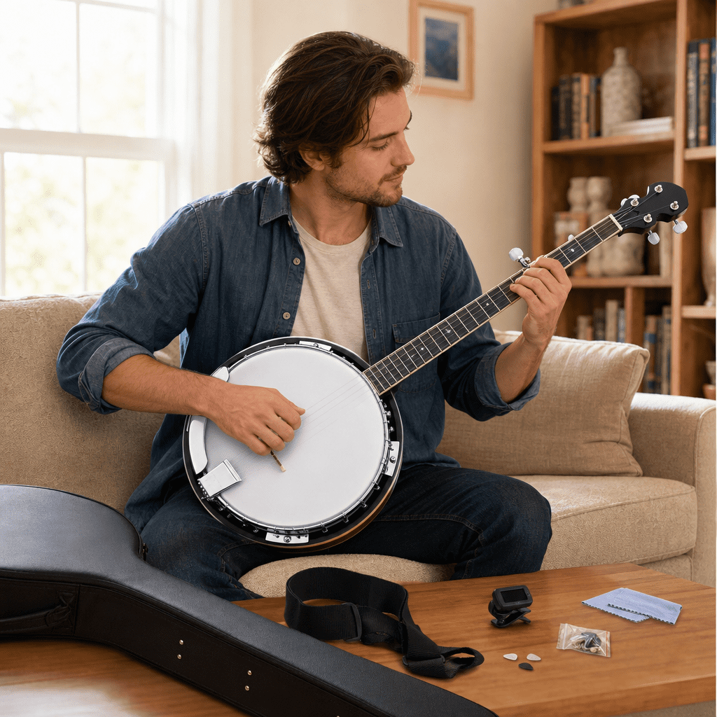 Full Size 5 String Right Handed Banjos Set with Closed Solid Sapele Back & Mahogany Neck and Accessories
