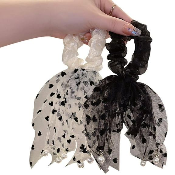 LinYooLi 2 Pcs Ribbon Bow Scrunchies,Hair Scarf Scrunchie for Women,Chiffon Bow Scrunchies Floral/Retro/Solid Ponytail Holder Scrunchy Bands Ties Accessories for Women Girls(beige,black)