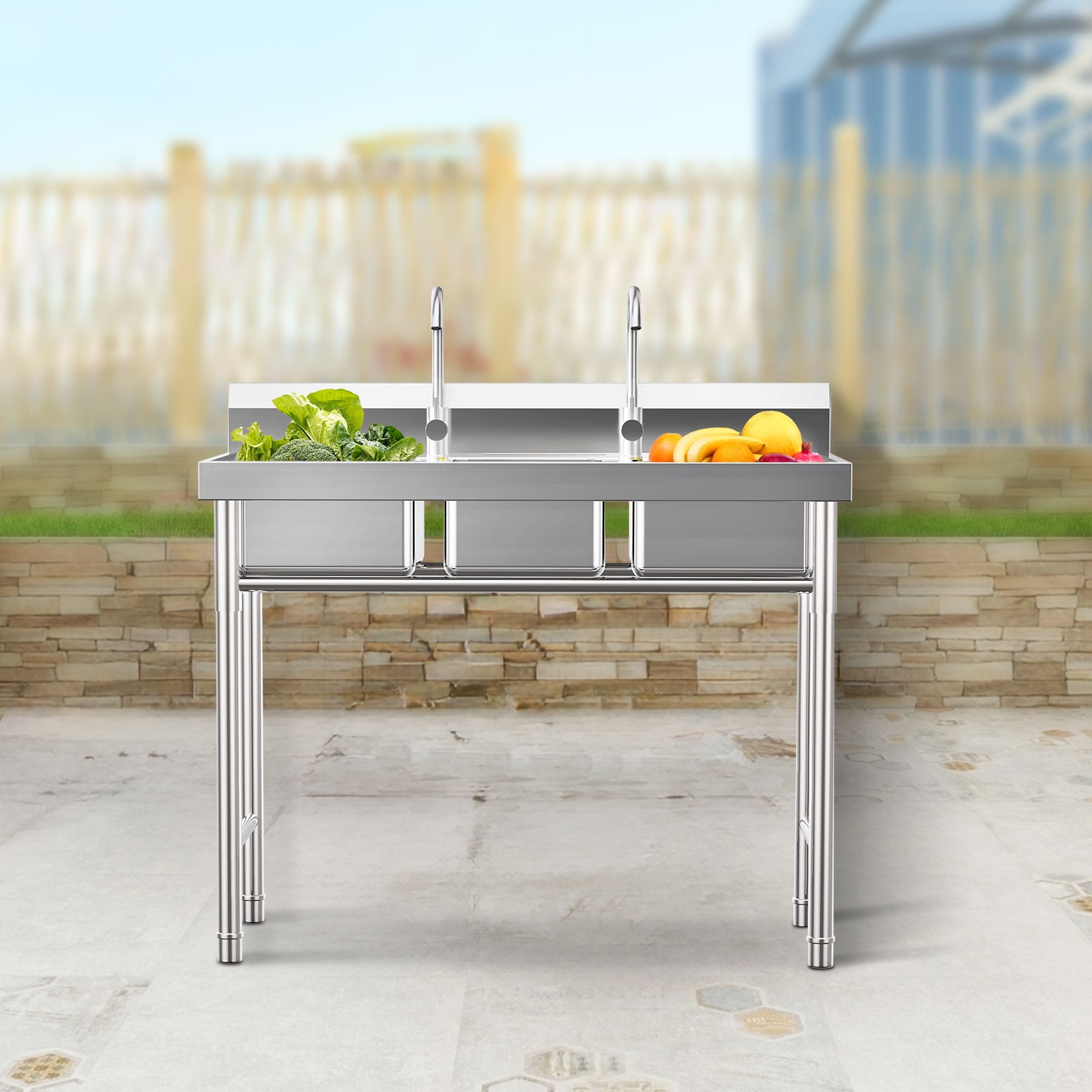 3 Compartment Commercial Utility Sink, 304 Stainless Steel Triple Bowl Sink with Drains, Heavy Duty Freestanding for Restaurant Kitchen Laundry
