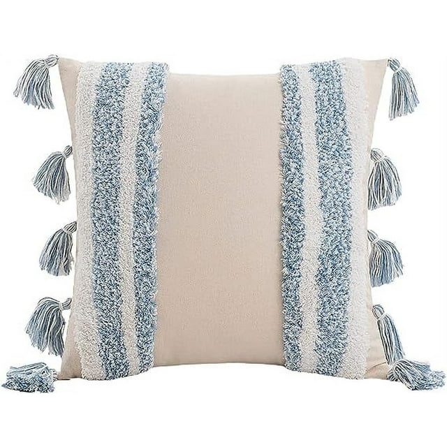 Xiao Hua Fundas de cojín con bordado geométrico y borlas, de lona de algodón bohemia de 45 x 45 cm, con borlas, para decoración del hogar (azul cielo, 45 x 45 cm)