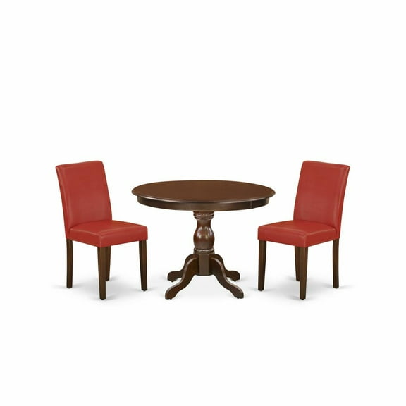 East West Furniture HBAB3-MAH-72 3 Piece Table and Chairs Dining Set - Mahogany Dinner Table and 2 Firebrick Red PU Leather Mid Century Modern Chairs with High Back - Mahogany Finish
