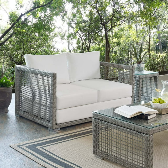 Modway Aura Modern Rattan & Fabric Outdoor Patio Loveseat in Gray White