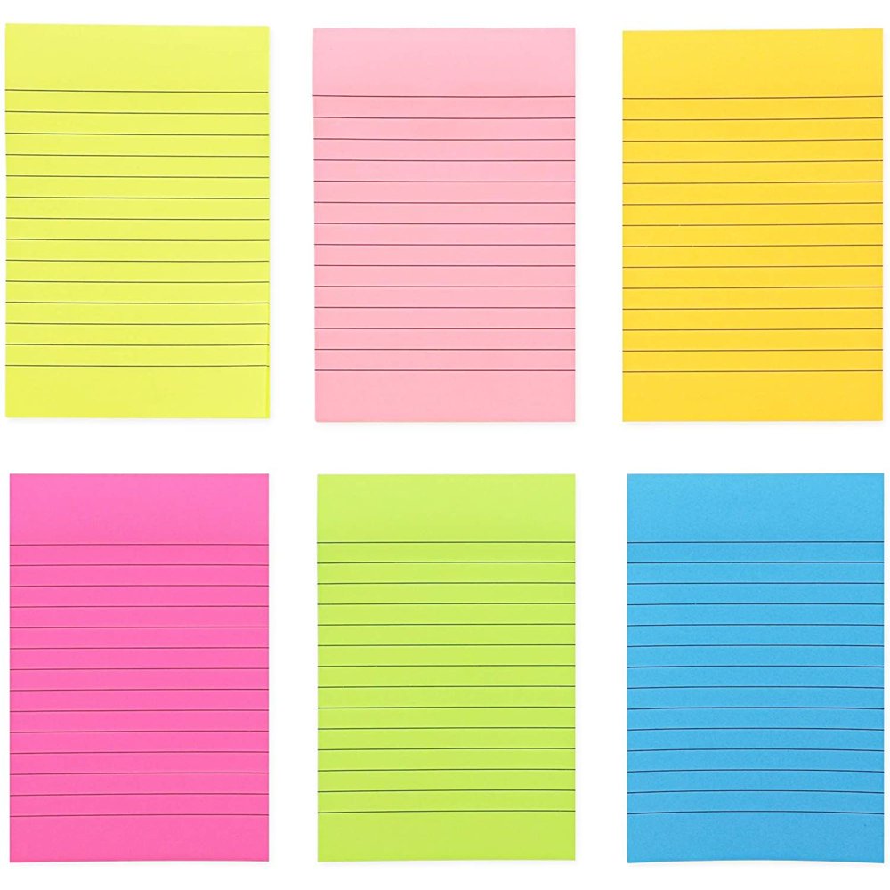 8Pack Lined Sticky Notes in Bright Neon Colors, Selfstick Memo