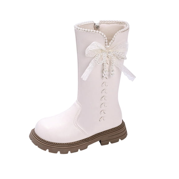 Toddler Girls Mid Calf Riding Boots, Pearl Lace Bow Decor Leather Booties with Side Zipper, Non Slip Chunky Sole Fashion Combat Booties for Little Kid White 27