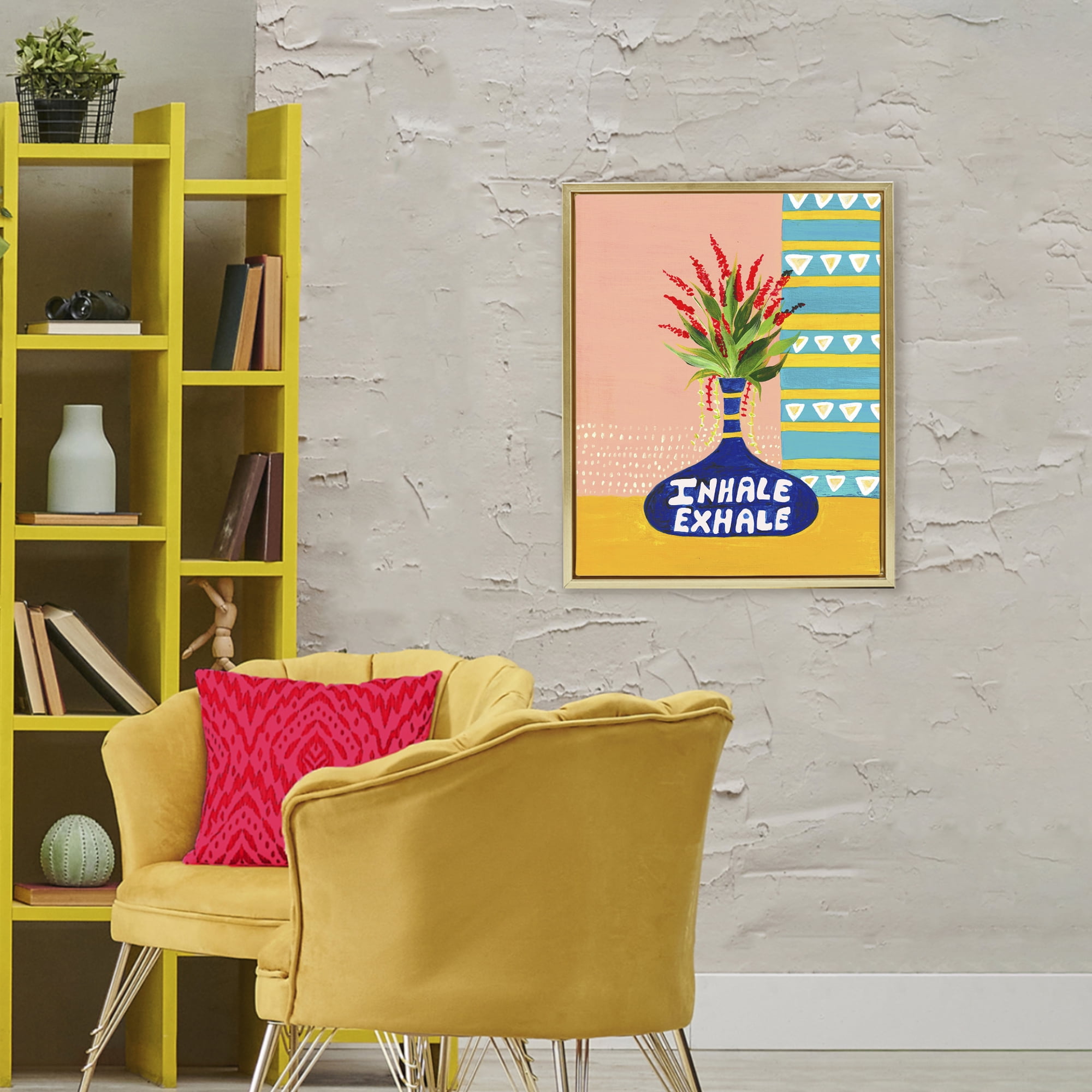 Inhale Exhale Flower Vase Gold Framed Floater Canvas Wall Art, design by Nabeela Rumi