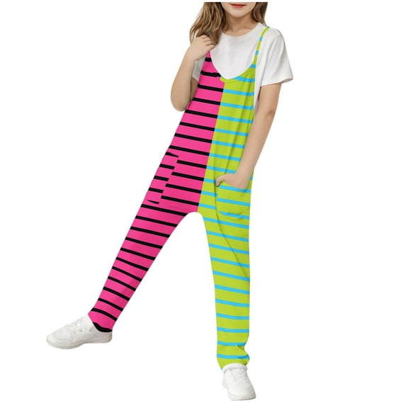 Kids Striped Jumpsuits Girls Spaghetti Strap Wide Leg Jumpsuit Overalls Jumpers with Pocket Summer Casual Outfits for Girl, Mint Green, 7 Years