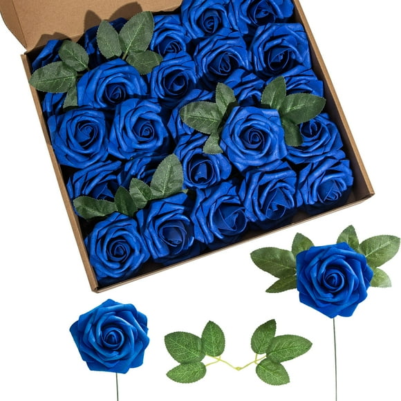 Lansdowns Artificial Flower Foam Rose 25pcs Real Looking Fake Rose with Stems Leaves for Home Decoration Party Garden Centerpieces DIY Wedding Bouquets(Royal Blue)