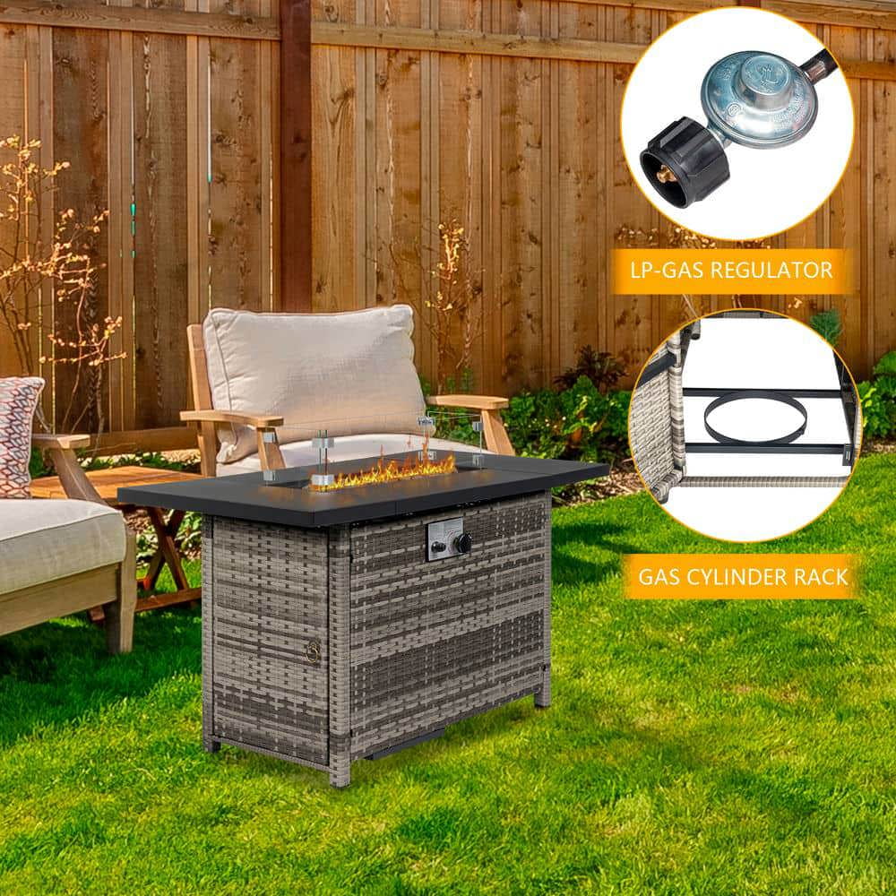 Spaco 43-Inch Fire Table with Grey Woven Rattan Side Panel, 50000 BTU Gas Firepit with Volcanic Stone, Fire Pit Table for Outdoor as Patio, Picnic, Backyard, Gray+Brown