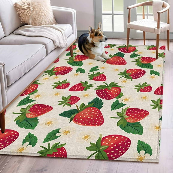 Strawberry Rustic Area Rug 3x5 Washable Rug Non Slip Beige Spring Summer Floral Fruit Large Area Rug Indoor Floor Carpet for Entryway Bedroom Kitchen Living Room Home Office Dining Room Nursery