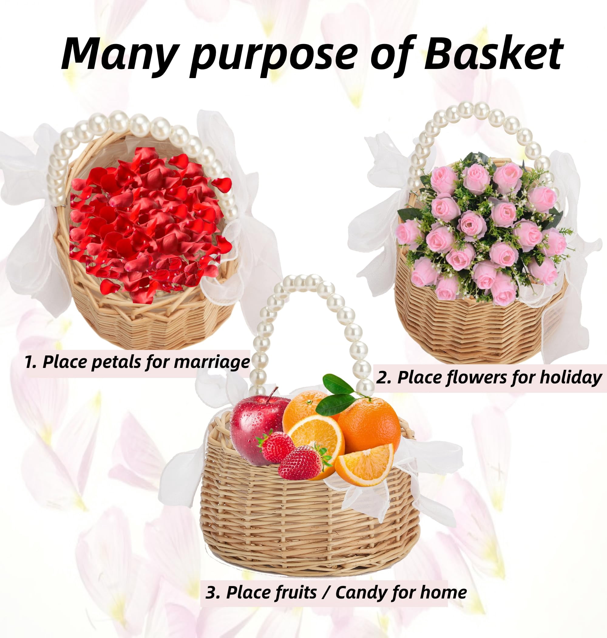 2Pcs Flower Girl Basket, Wedding Flower Girl Basket with Pearl Handle and Bows Fairy Flower Basket Rattan Basket for Weddings Bridal Anniversary Party Decor