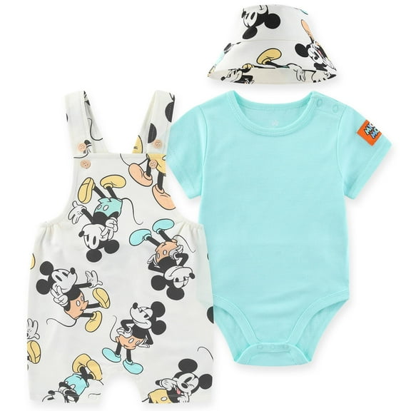 Disney Mickey Mouse Baby Shortall Overalls with Hat Set (Boys), 3 Piece Set, Sizes 3M-24M