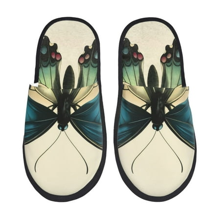 Balery Blue Black Butterfly Art Slient Indoor Furry Fleece Comfort House Shoes Soft Non-Slip Home Shoes Cotton slippers House Slippers-- Medium