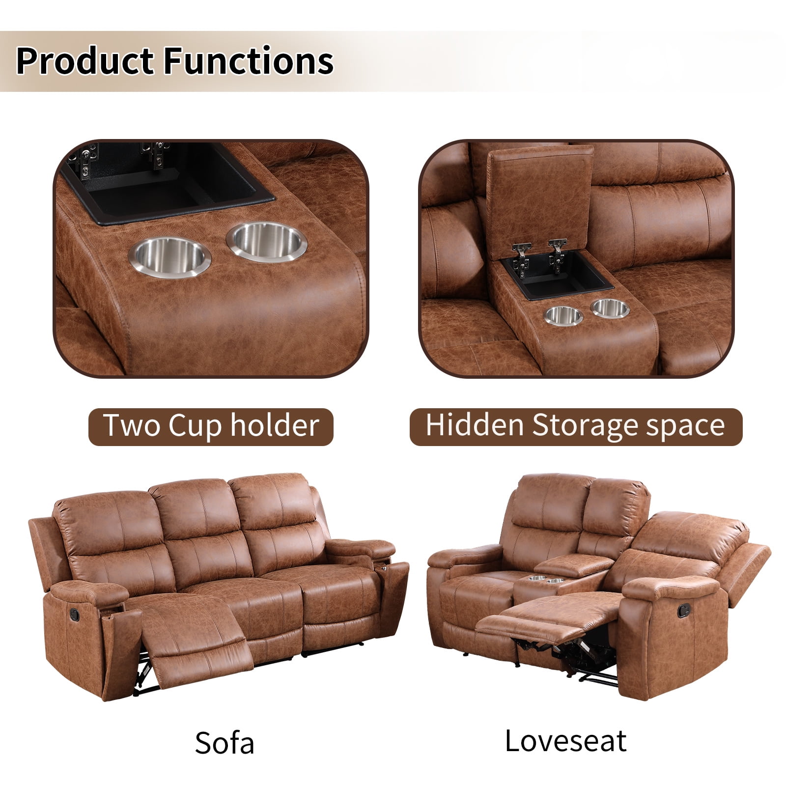 Bonzy Home Manual Reclining Chair Double Recliner Loveseat Sofa with Console Hidden Storage and Cup Holders,Sofa Set for Living Room