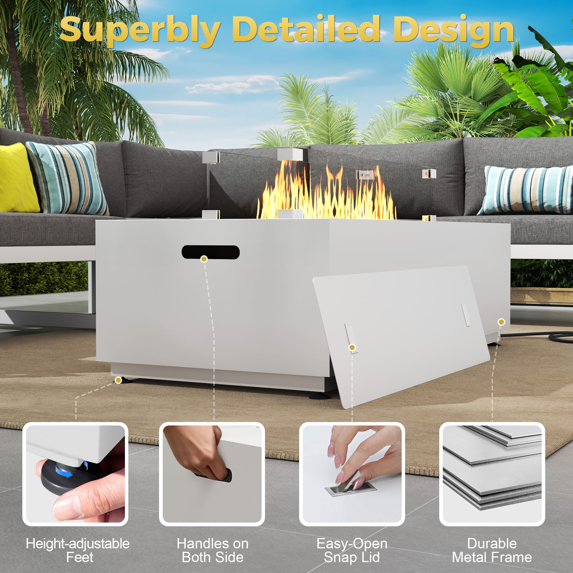 RADIATA 42” Rectangle Fire Pit Table, Dual Fuel Propane & Natural Gas Outdoor Firepit with Tank Table, 50000 BTU, Light Gray