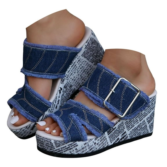 Dakaela Platform Wedge Sandals for Women Summer Beach Denim Slides Ladies Open Toe Casual Dress Shoes