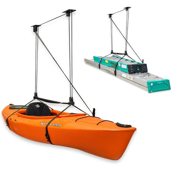 Garage Storage Ceiling Pulley System 2 Pack, Kayak Canoe Cargo Ladder Lift, Heavy Duty Holds 150 lbs