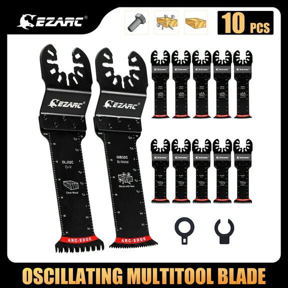 EZARC Oscillating Saw Blades - 10PCS Extra-Long Reach Arc Edge Multitool with Japanese Teeth, CRV and Bi-Metal Clean Cut for Wood Metal, Universal Quick Release Tool Kits