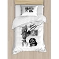 thumbnail image 1 of Movie Theater Twin Size Duvet Cover Set, Antique Movie Camera Hand Drawn Style Art Collection Film Noir Genre Theme, Decorative 2 Piece Bedding Set with 1 Pillow Sham, Black White, by Ambesonne, 1 of 3