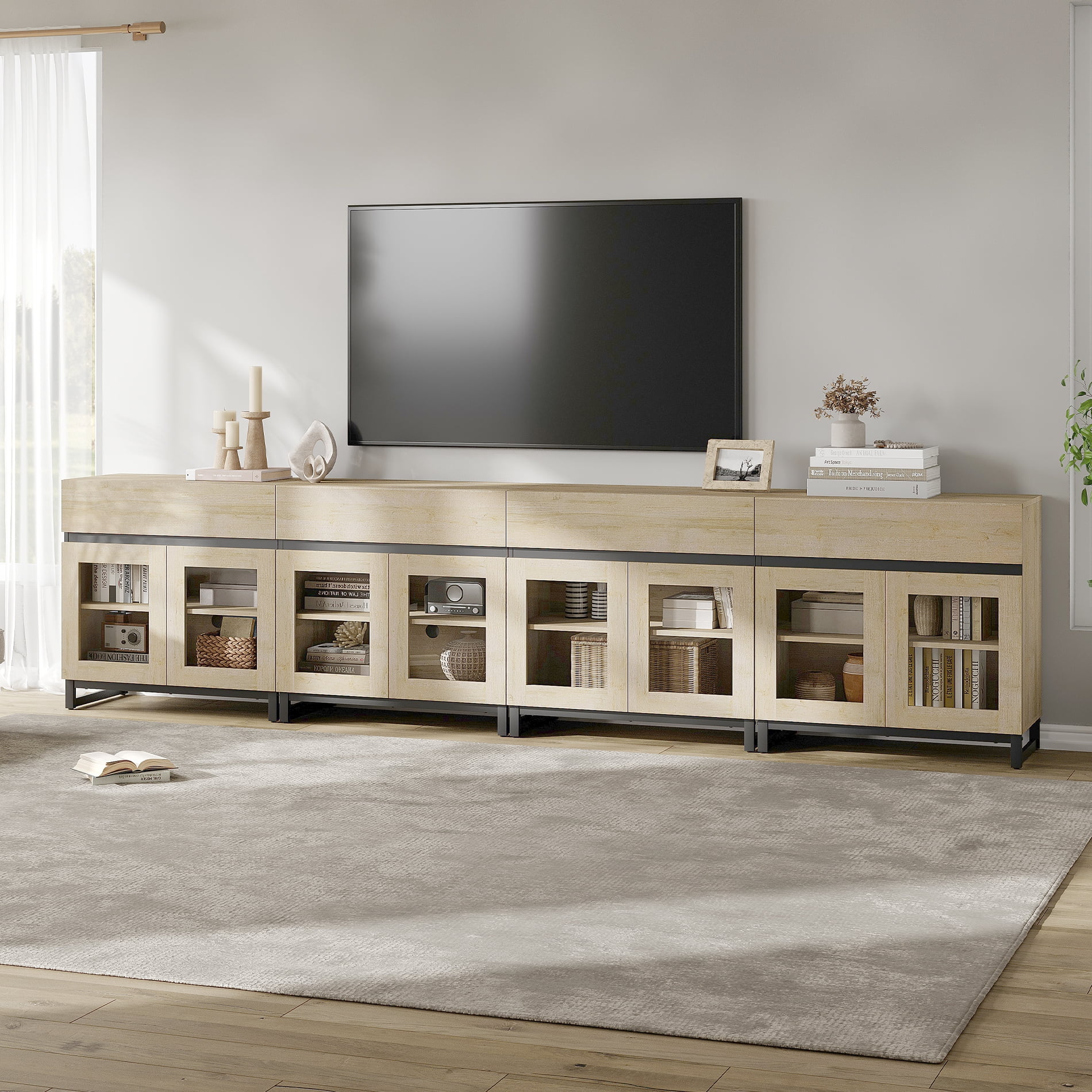 WAMPAT 4-in-1 Modern TV Stand with Glass Doors & 4 Drawers, Metal Base Entertainment Center for 120 Inch TVs, Media Console for Living Room & Bedroom