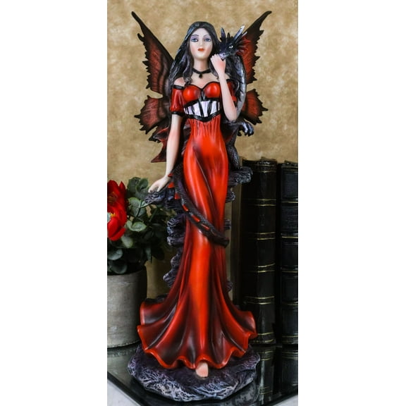 Butterfly Winged Elf Fairy In Red Evening Gown With Midnight Dragon Figurine
