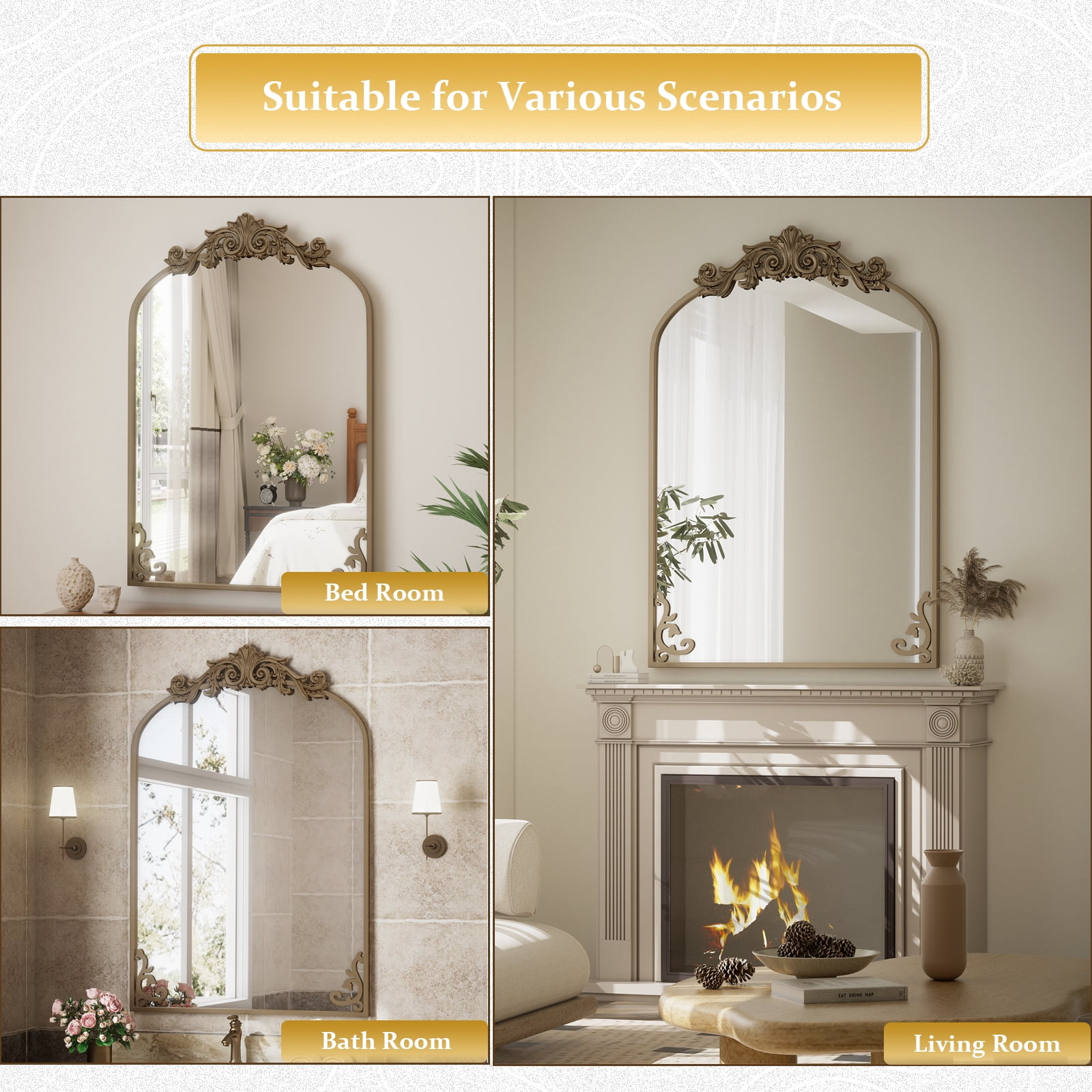 BEAUTYPEAK 38"x24" Vanity Wall Mirror Decorative Vintage Arch Bathroom Mirror,Bronze