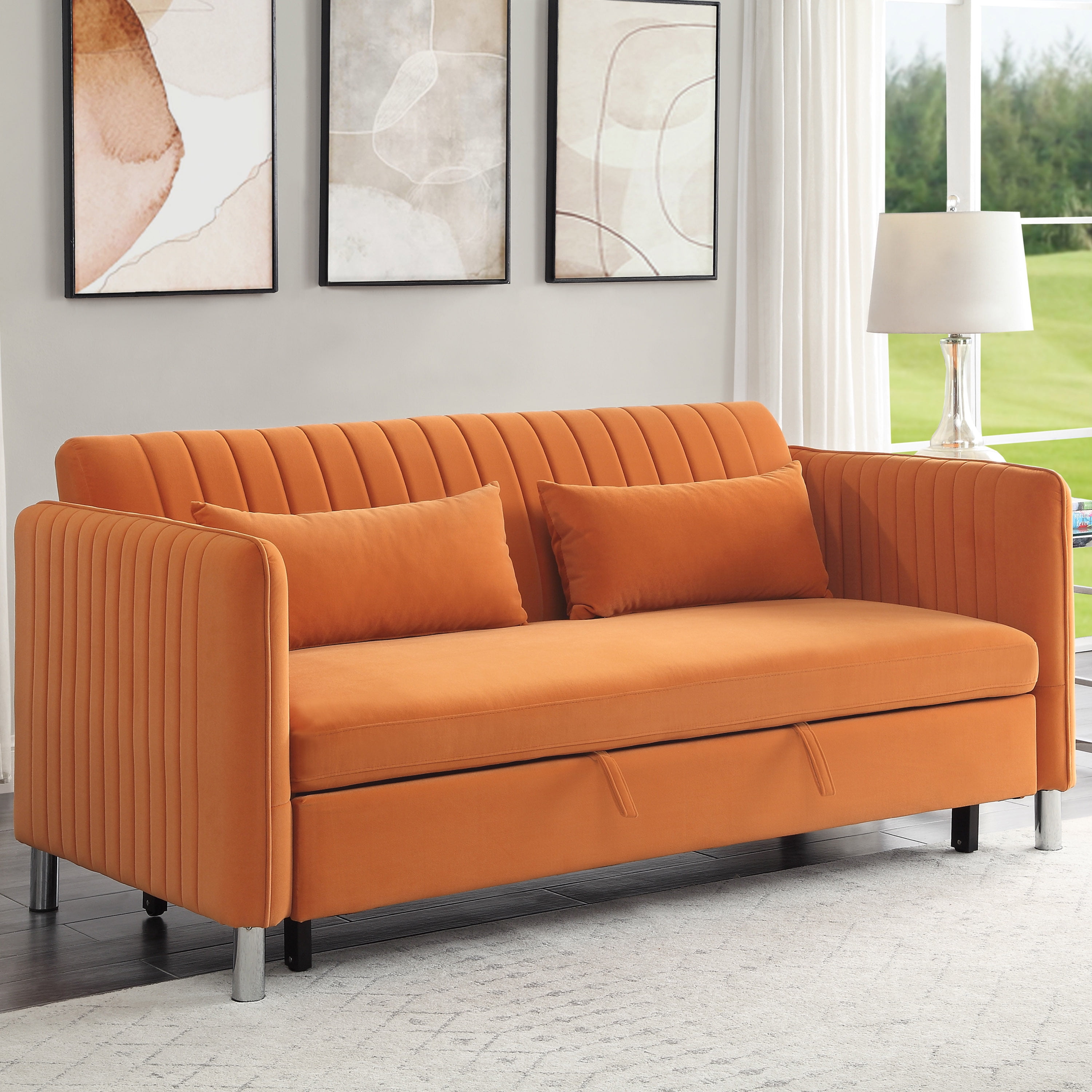 Lexiconhome Greenway Velvet Convertible Sofa Bed, Orange