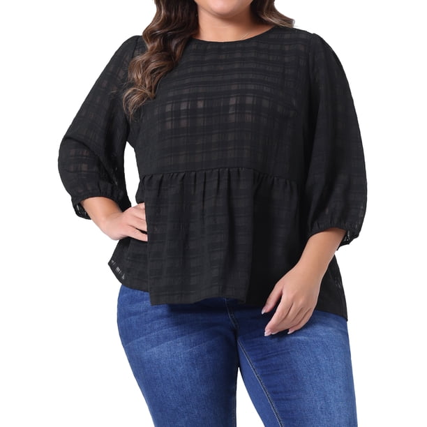 Blusa de peplum con volantes y cintura ajustada de manga 3/4 para mujer de tallas grandes GRACE & GRANDEUR 3X negra