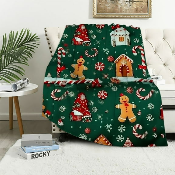 JEUXUS Christmas Gingerbread Throw Blanket | Green Holiday Christmas Blanket | Soft, Plush, Warm Winter Cabin Throw, (Green Gingerbread)