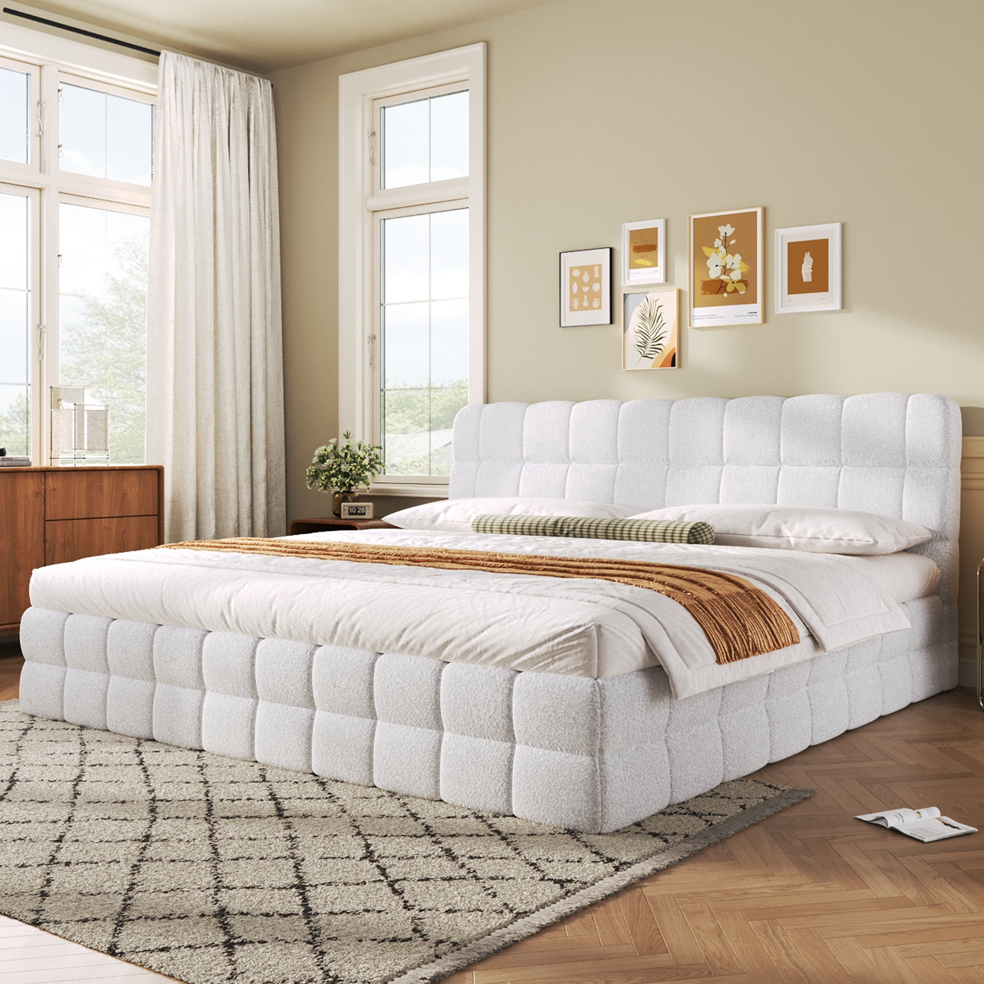 Euroco Upholstered King Size Platform Bed, White