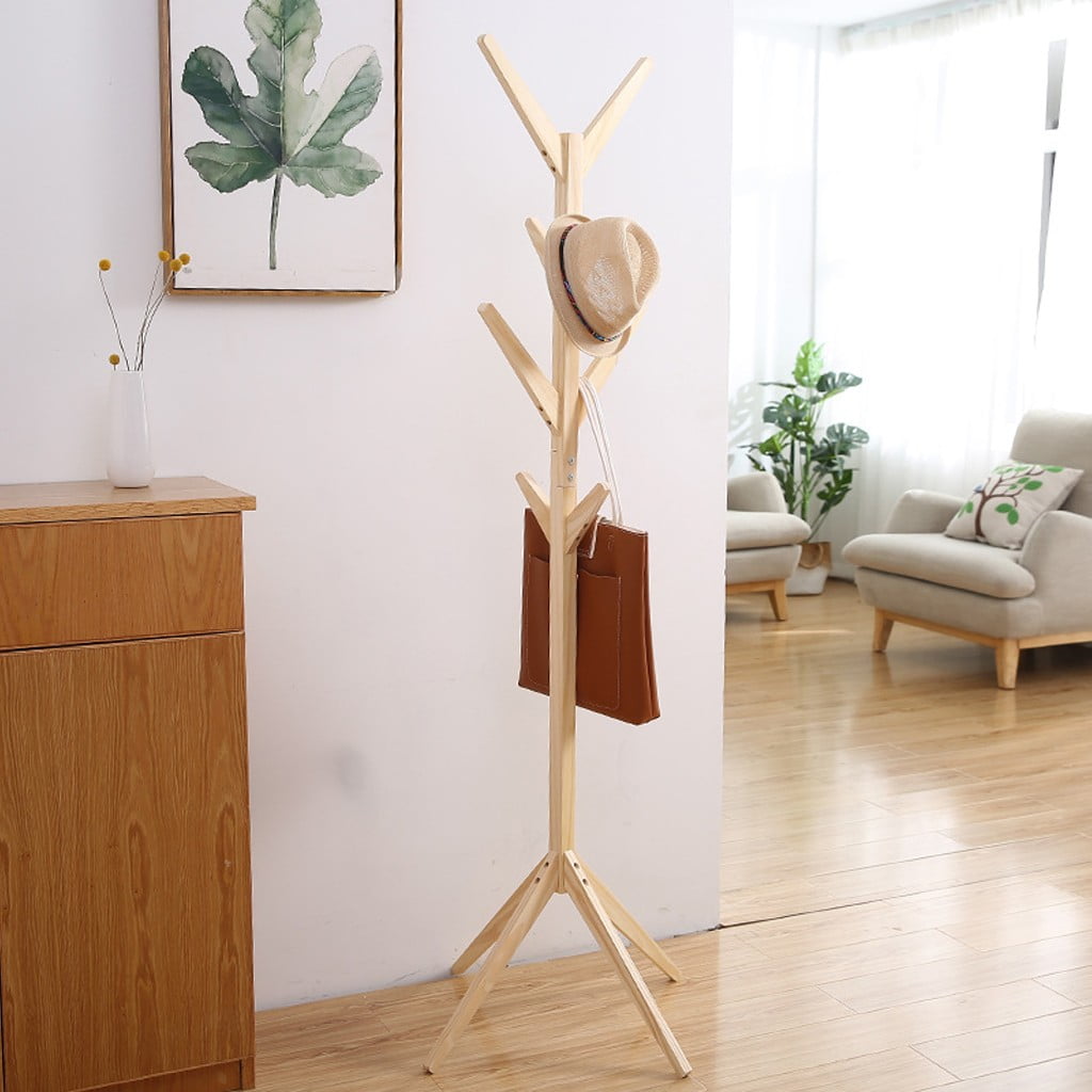 Solid Wood Coat Rack Entryway Standing Hall Tree For Jacket Coat Hanger