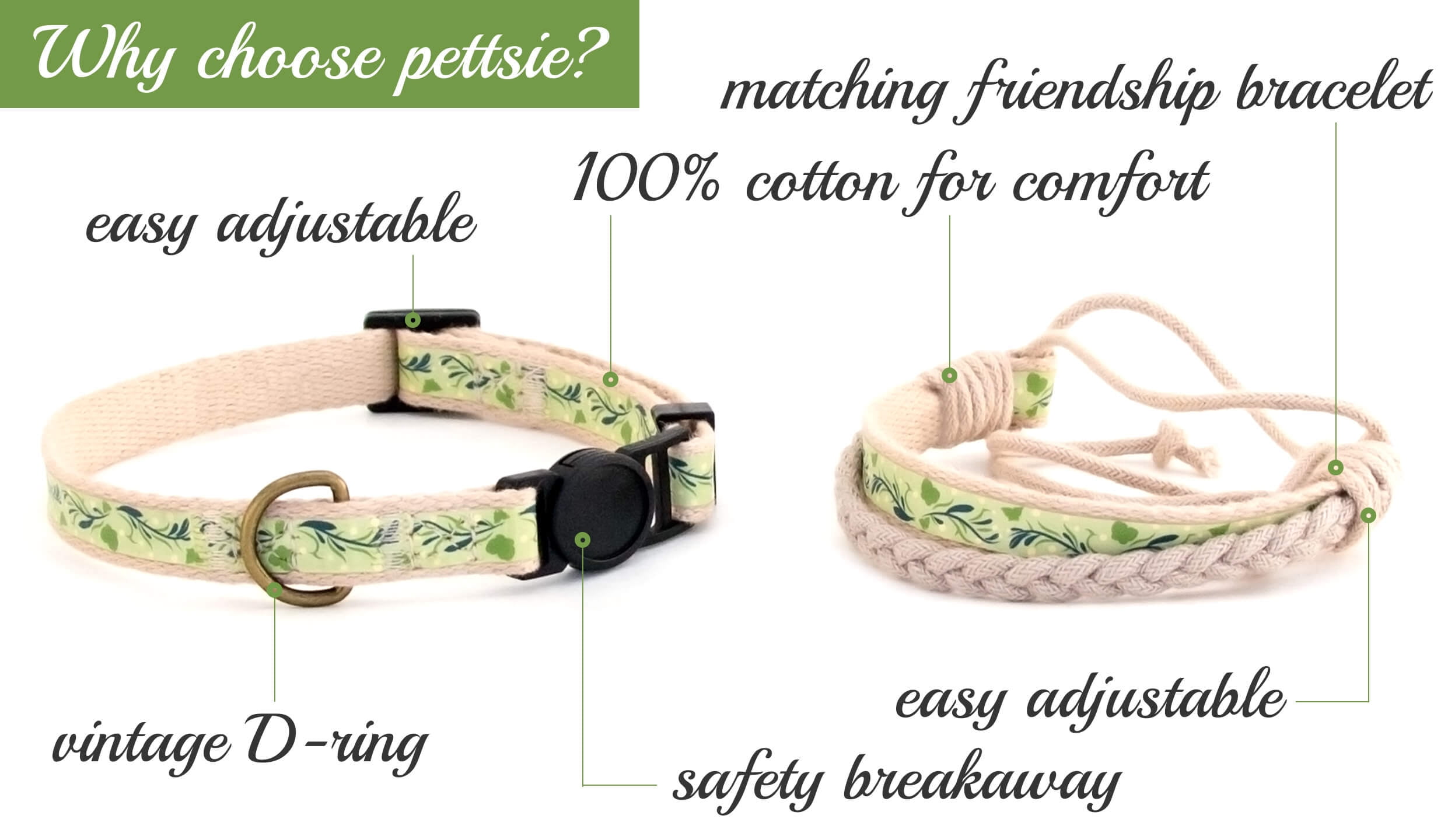 Strong and Durable Pettsie Cat Collar Breakaway Safety with Heart and Friendship Bracelet for You Soft and Natural 100% Cotton for Extra Comfort Easy Adjustable Size 8-11 Inch 