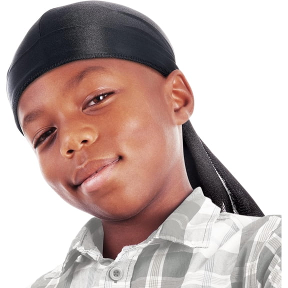 TELOLY Kids Sating Durags Kids Durags Long Tail and Wide Strap Headwraps Beanies Black Durags