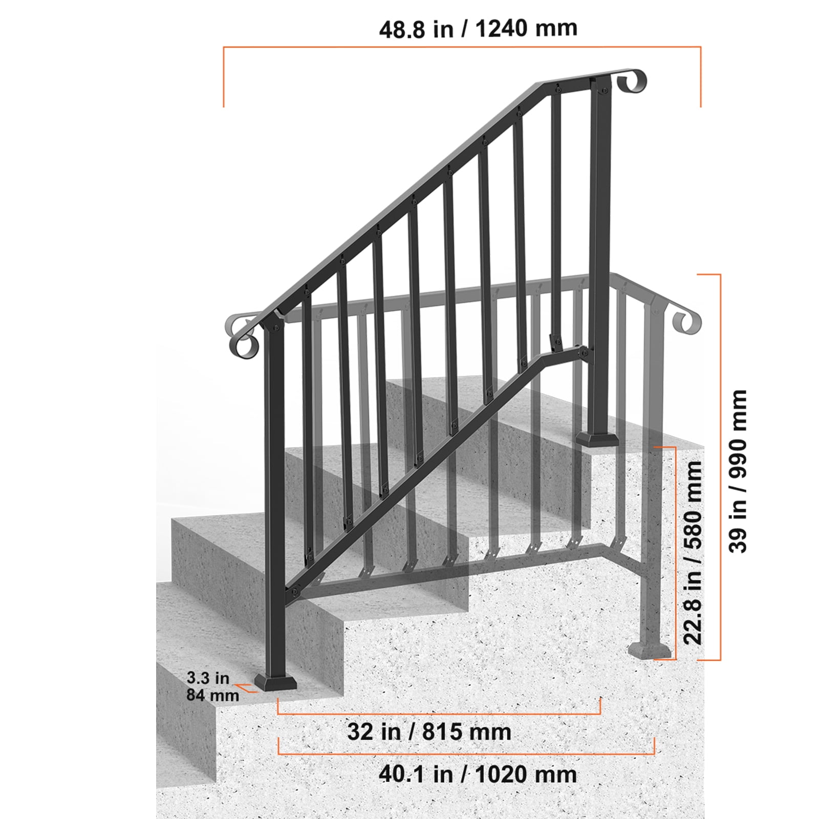 VEVOR Handrails for Outdoor Steps, 3-4 Step Stair Hand Rail Kit, Transitional Carbon Steel Railings with Installation Kit, Stair Rails for Seniors, Concrete Steps & Porch & Deck, Black Retro Arch