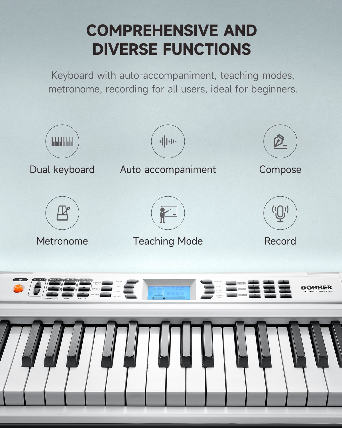 Donner DEK-200 61 Key Electronic Piano Keyboard Set, Auto Accompaniment, Record, Includes 300 Tones, with Stand, Bench, Microphone, White